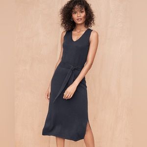 Garnet Hill Linen Organic Cotton Tie Waist Sleeveless Navy Midi Dress- Size L